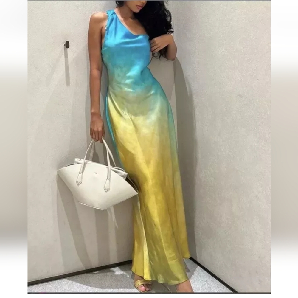 Zara ASYMMETRICAL SATIN EFFECT TIE DYE DRESS size XS
